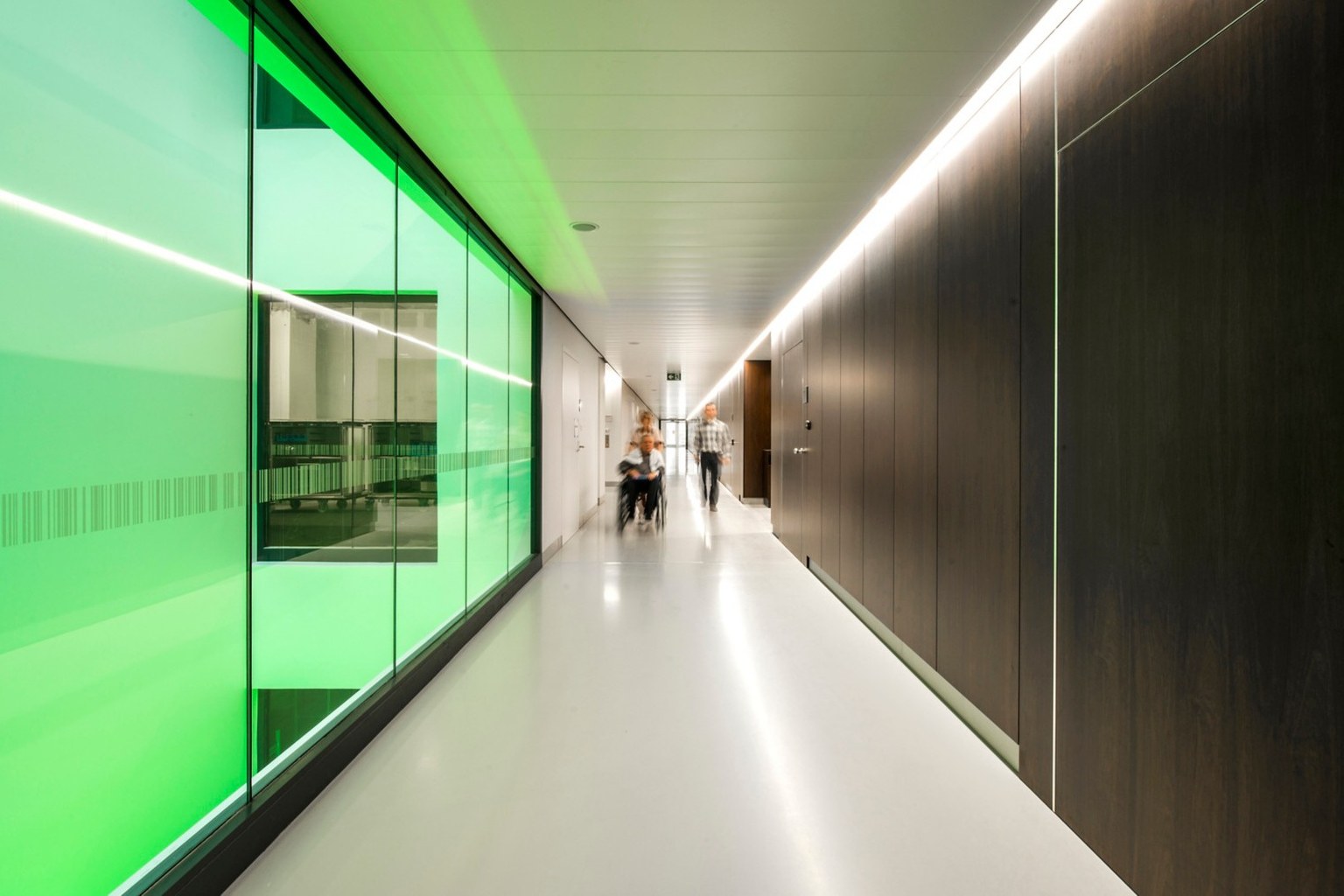 Hospital corridor with a seamless pale resin floor beside green glass and dark wood walls.